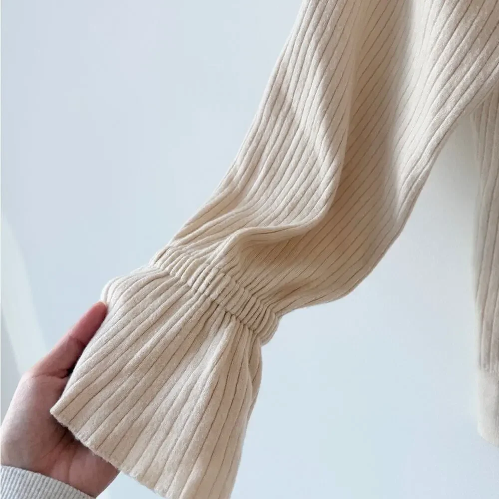 Cream Ribbed Sweater with Ruffle Details - Picture 3 of 3